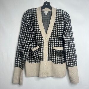 A New Day Cream Black Houndstooth Cardigan Women S/M Knit V-Neck Button Soft
